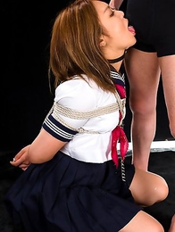 Schoolgirl Ayano Hidaka gags sloppily all over herself when her mouth is stuffed with cock.